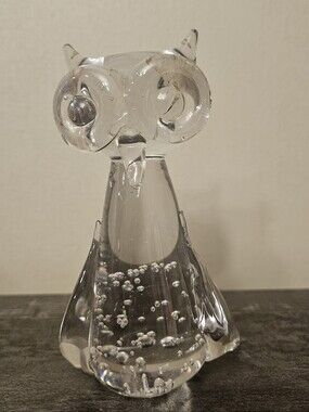 Vintage MCM Solid Hand-Blown Clear Art Glass Owl Figurine Paperweight